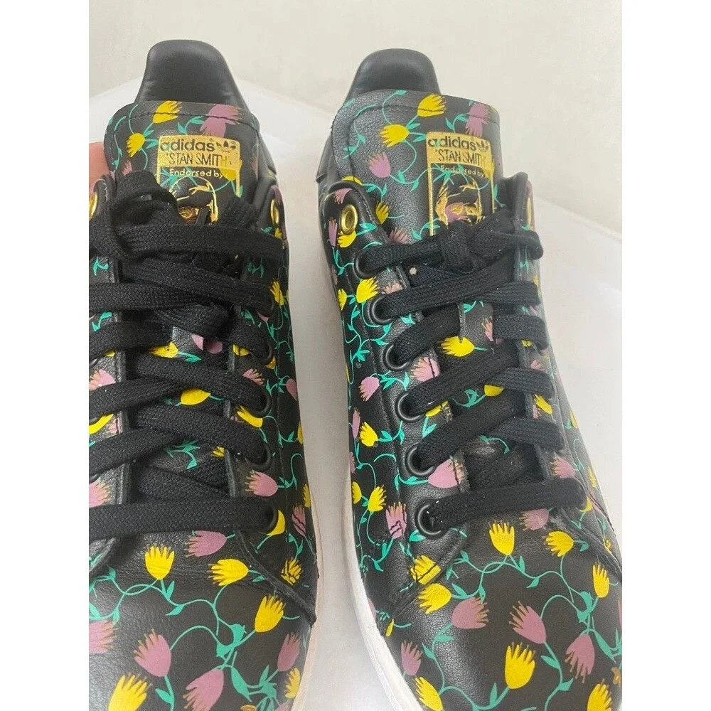 adidas Stan Smith Floral Low Top Sneakers Women 8.5 EH2036 Black Lthr Multicolor